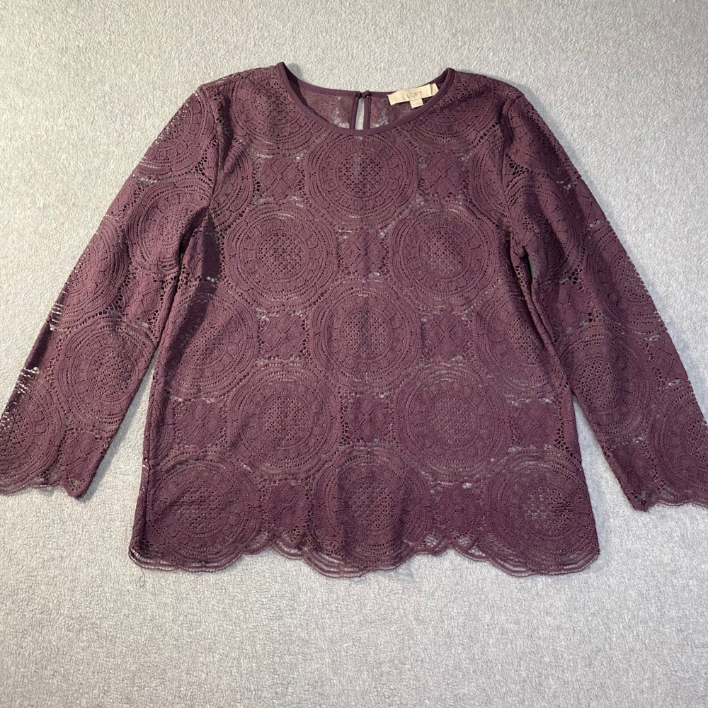 LOFT Lace Top Women Medium Plum Purple Medallion Crochet 3/4 Sleeve Boho EUC